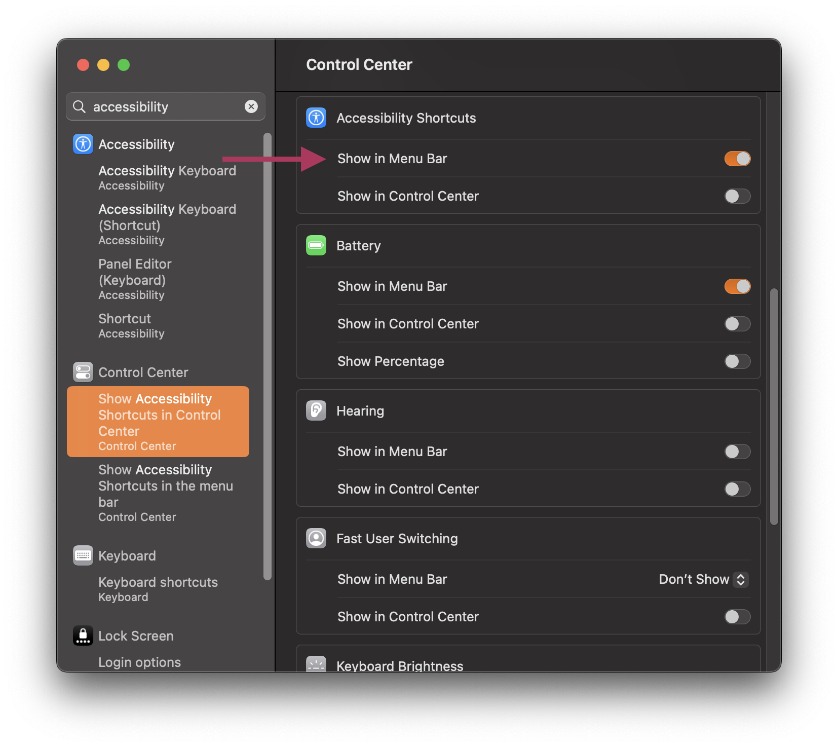Screenshot of macOS Control Center. There&rsquo;s an arrow pointing towards Accessibility Shortcuts, Show in Menu Bar toggle, which is set to &lsquo;on&rsquo;.